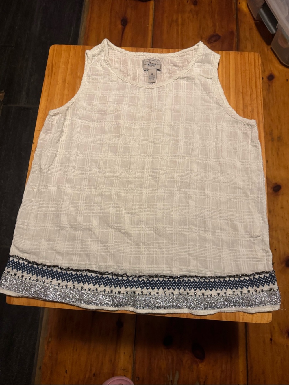 G.H. Bass & Co. White Sleeveless Tank with Navy & Silver Hem Embroidery